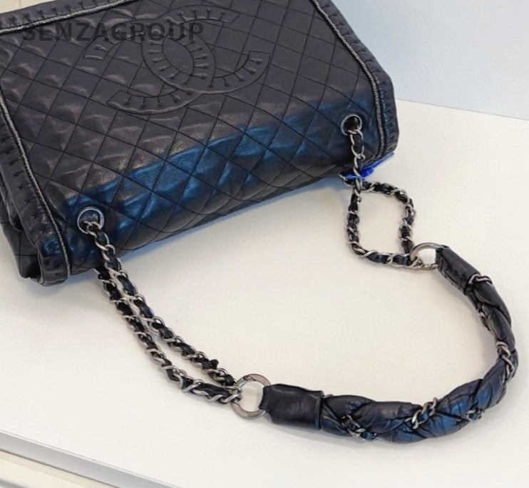 Chanel Calfskin Chain Shoulder Bag Black Silver Used Women Classic Diamond