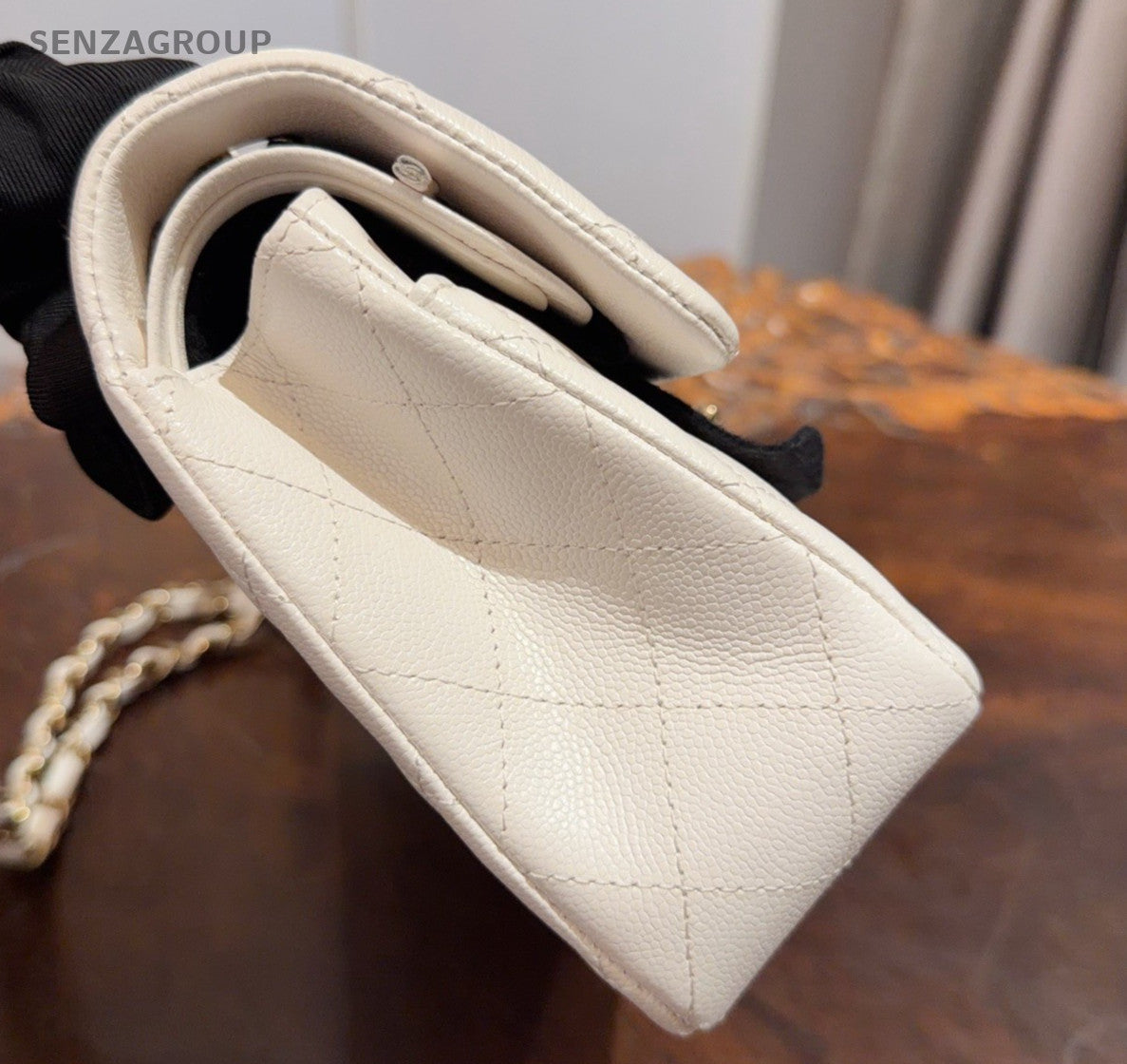 Chanel Classic Flap PM Calfskin Chain Shoulder Bag Crossbody White Gold Women
