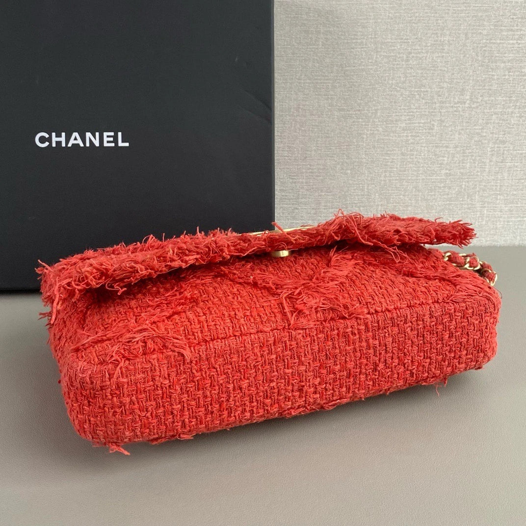 Chanel CC Logo Chain Shoulder Bag Red Gold Women Classic