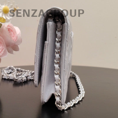 Chanel WOC Blue Silver Calfskin Quilted Chain Shoulder Crossbody Bag