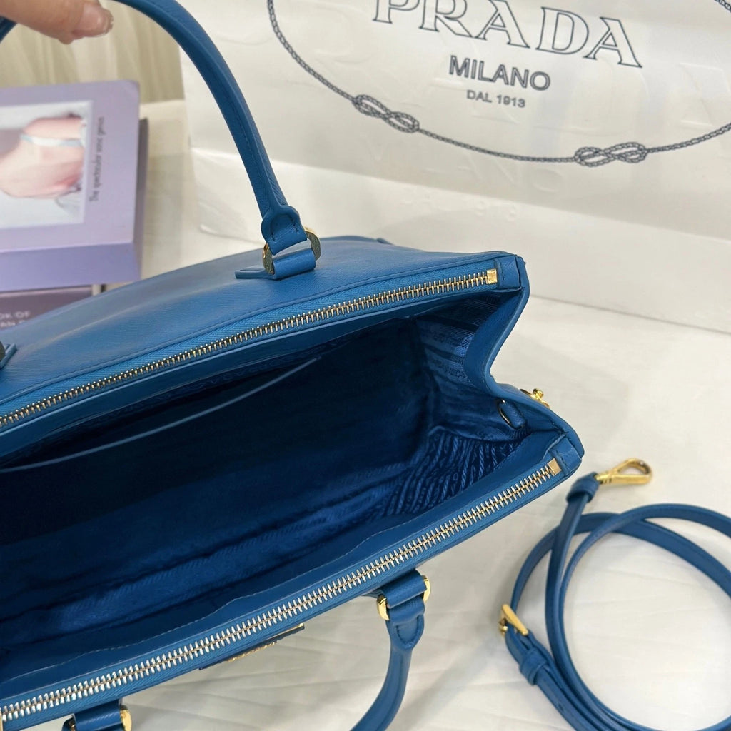 Prada Blue Medium Leather Top Handle Handbag For Women