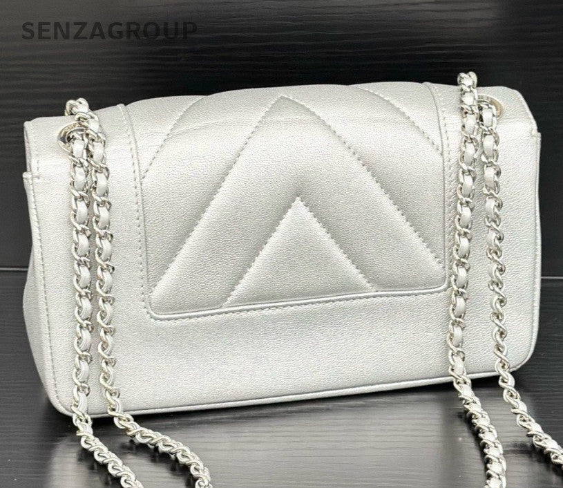 Chanel Classic Flap Calfskin Chain Shoulder Bag Crossbody Silver Women Fashion