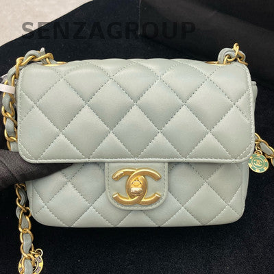 Chanel Quilted Chain Shoulder Bag Grey Gold Women Classic Fashion