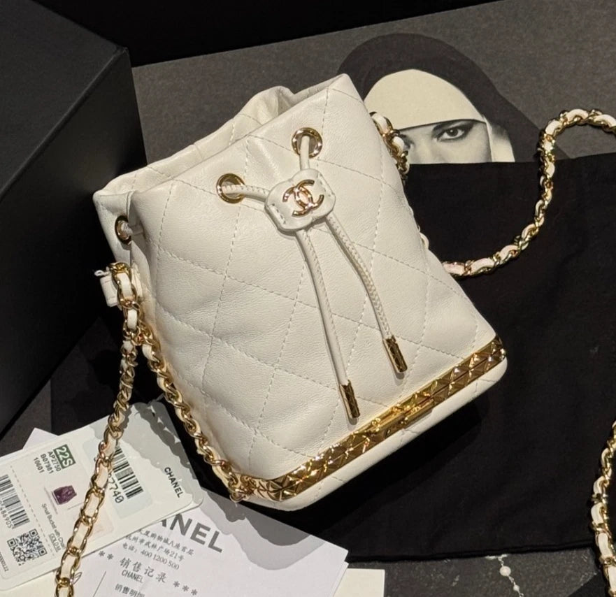 Chanel Diamond Chain Bucket Shoulder Bag Crossbody White Gold Women Classic