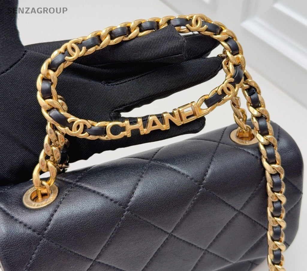Chanel Diamond PM Black Gold Diamond Top Handle Bag Chain Crossbody Women