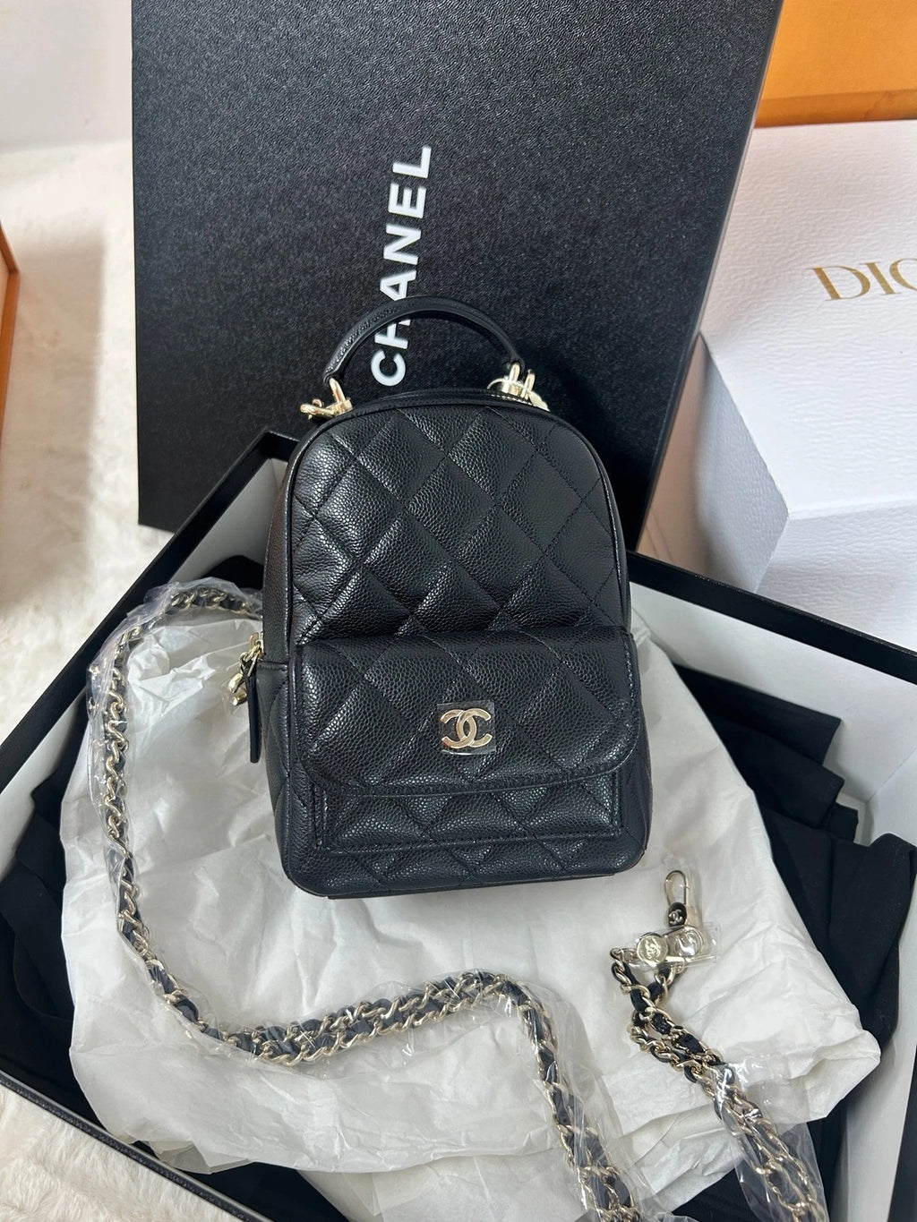 CHANEL Mini Black Gold Leather Backpack For Women