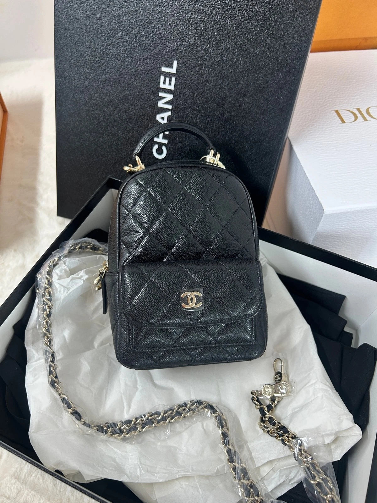 CHANEL Mini Black Gold Leather Backpack For Women