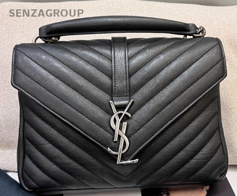 Saint Laurent College Calfskin Chain Shoulder Bag Black Silver Women Classic