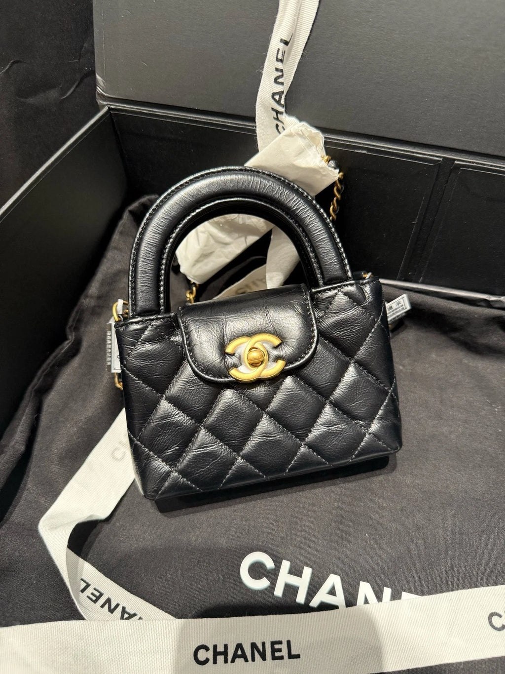 CHANEL Black Gold Ultra Mini Kelly Top Handle Bag For Women