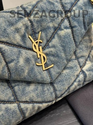 Saint Laurent Matelassé Mini Chain Crossbody Bag Blue Gold Women's Fashion