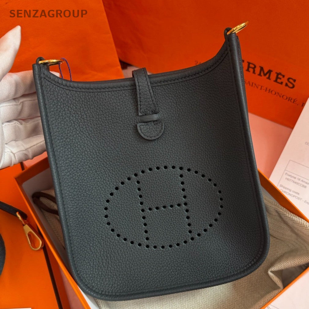 Hermes Evelyne Mini Shoulder Bag Crossbody Black Gold Women Classic Fashion