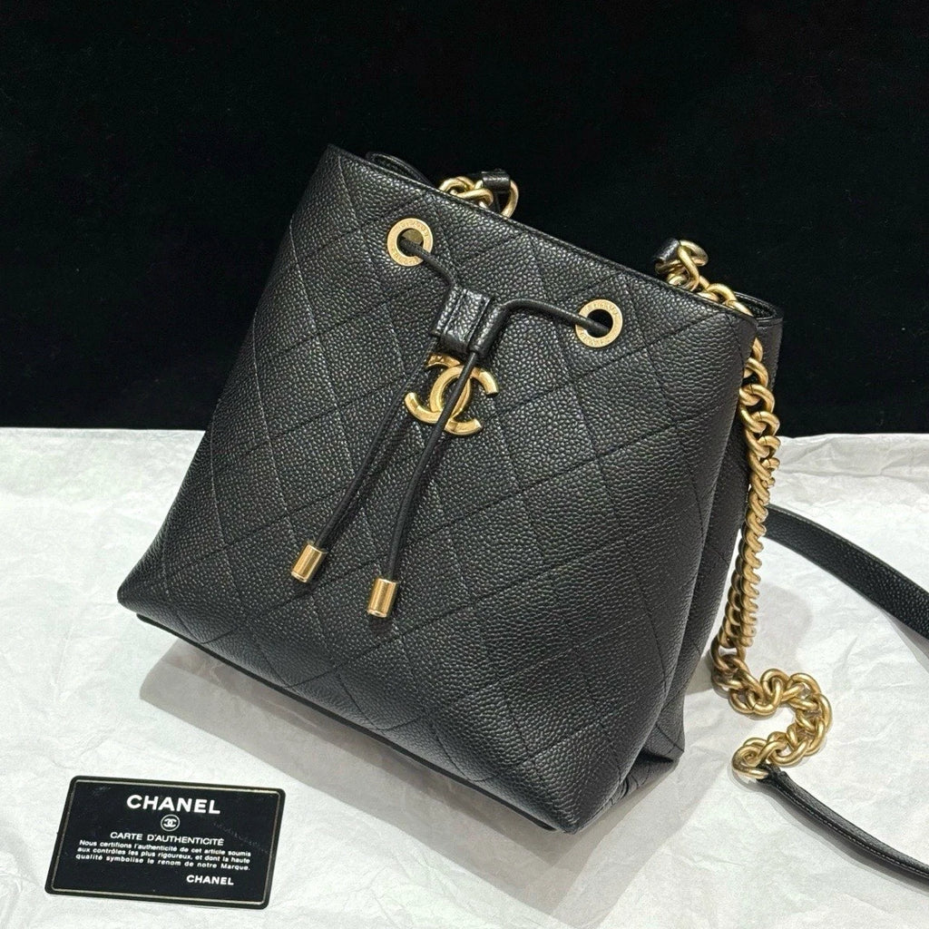 Chanel Diamond Drawstring Bucket Chain Shoulder Crossbody Black Gold Women