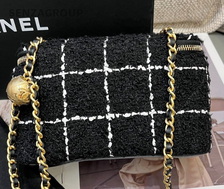 Chanel Tweed Long Box Chain Shoulder Bag Crossbody Black Gold Women Classic