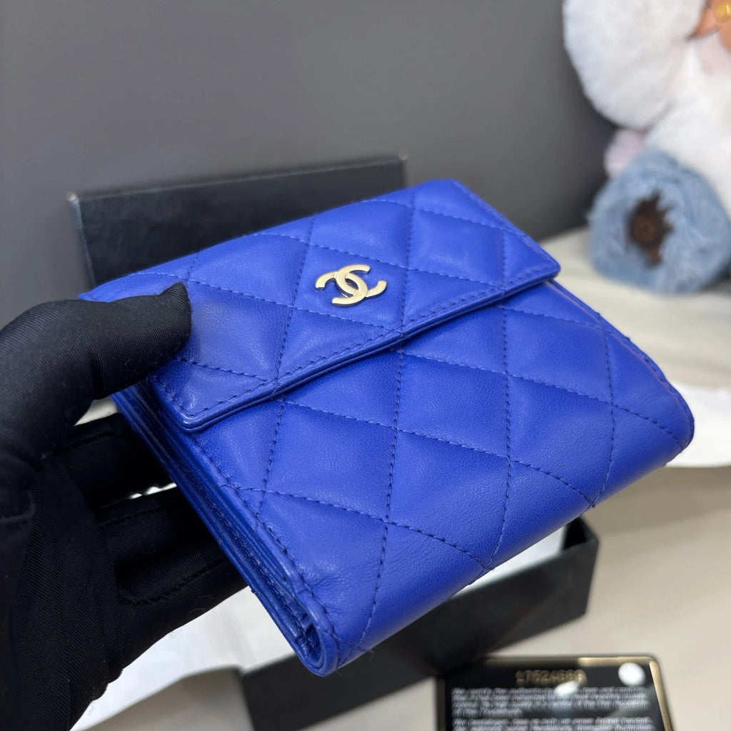 Chanel Lambskin Diamond Wallet Blue Silver Women Classic