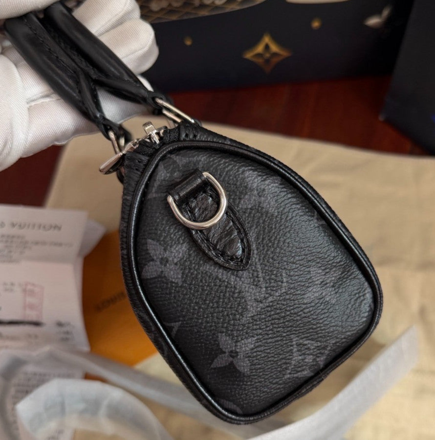 Louis Vuitton Speedy Nano Monogram Top Handle Crossbody Black Silver Women