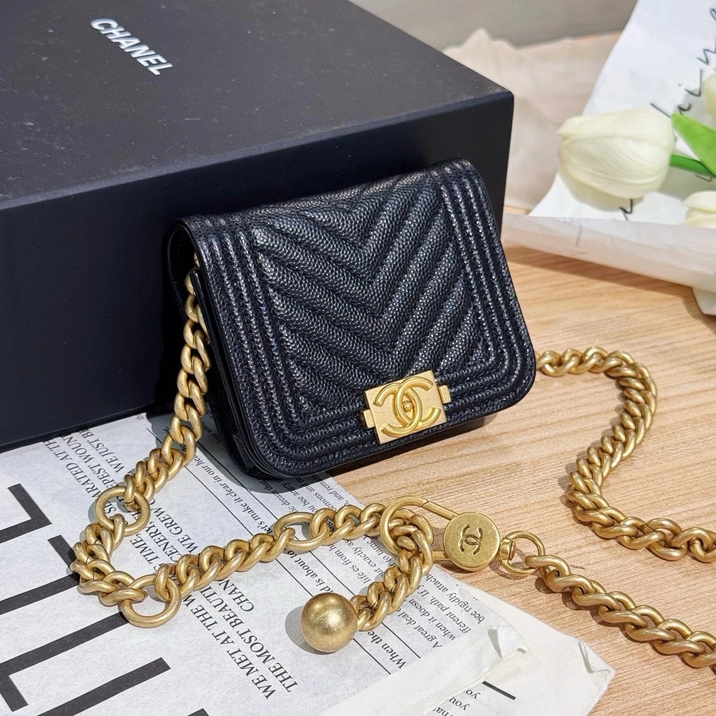 CHANEL Mini LeBoy Black Gold Leather Waist Bag For Women