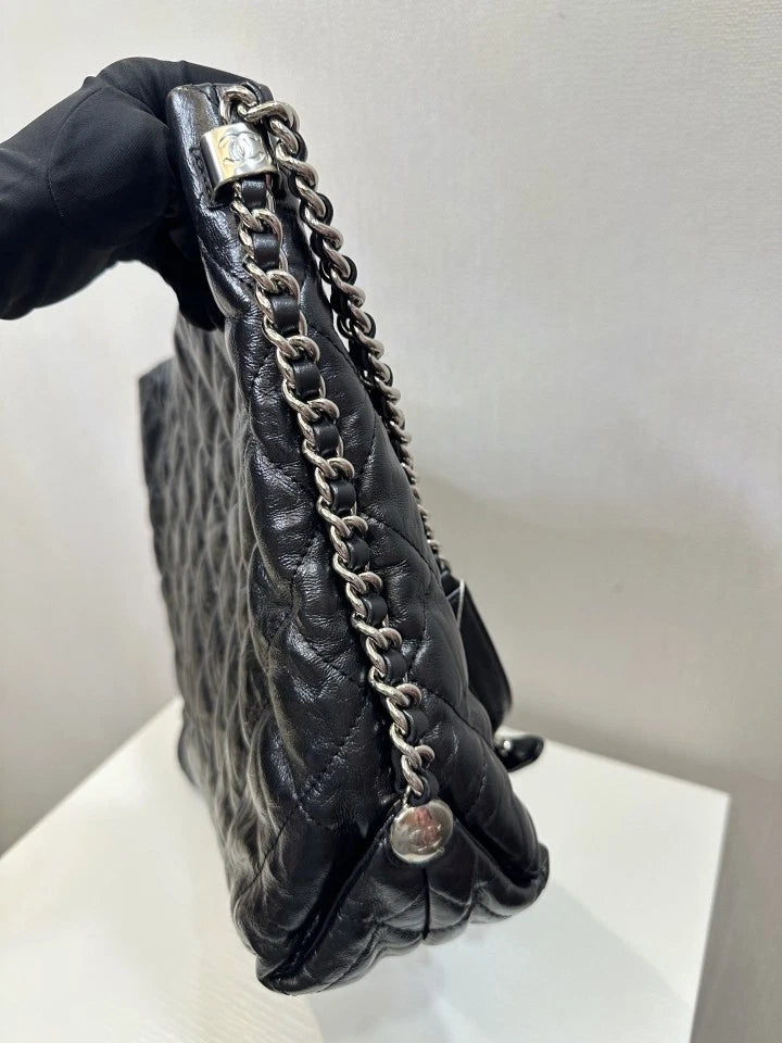 CHANEL Black Silver Oil Wax Leather Hobo Shoulder Bag For Women