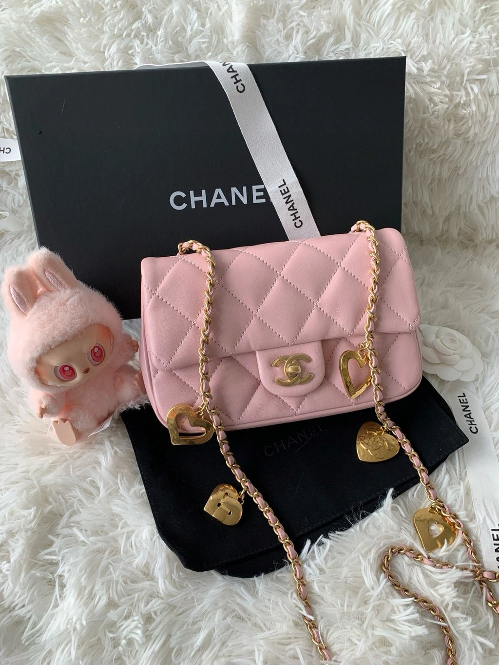 CHANEL CF Mini Pink Lambskin Shoulder Bag Love Pendant For Women