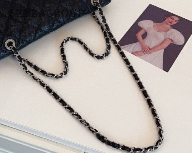 Chanel Classic Flap Calfskin Chain Shoulder Bag Black Silver Women Designer