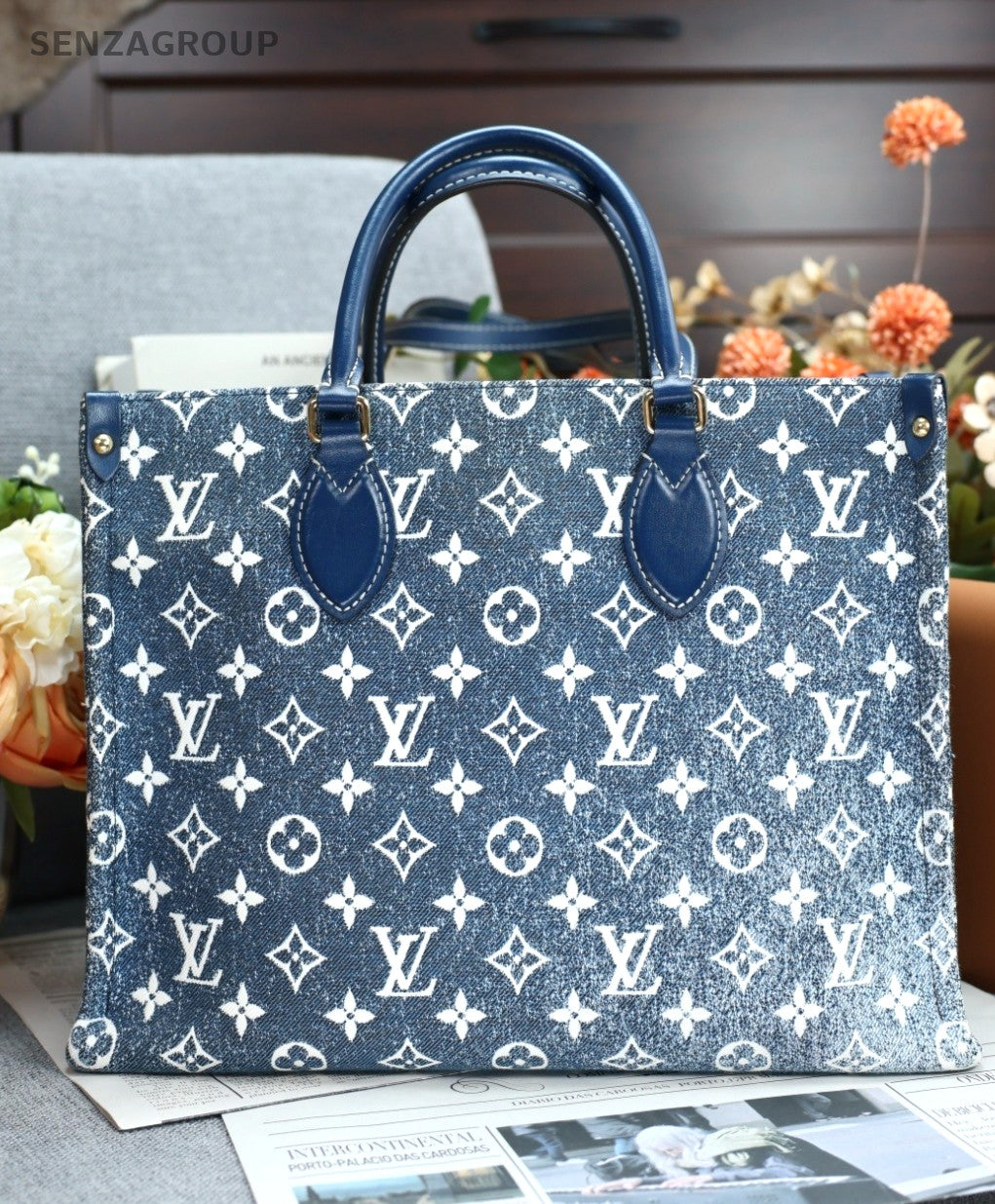 Louis Vuitton Onthego MM Denim Canvas Top Handle Shoulder Bag Women Blue