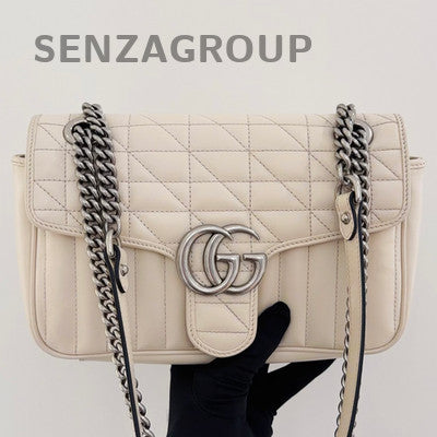 Gucci Marmont White Silver GG Chain Shoulder Bag Medium Classic Women