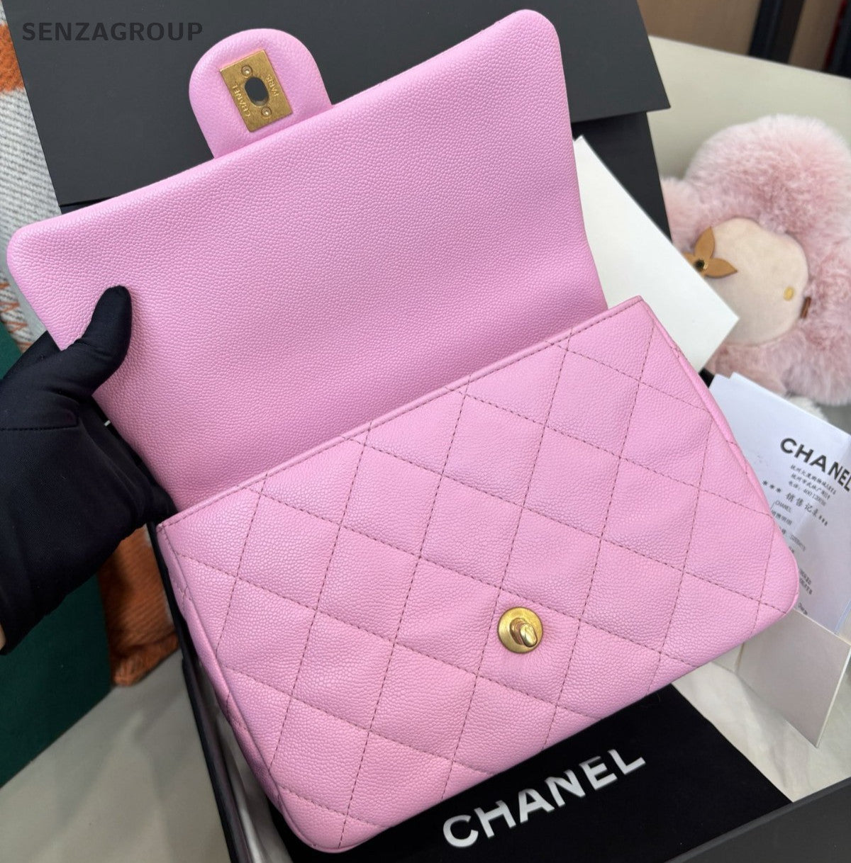 Chanel Classic Flap Calfskin Chain Shoulder Bag Pink Gold Diamond Women Fashion