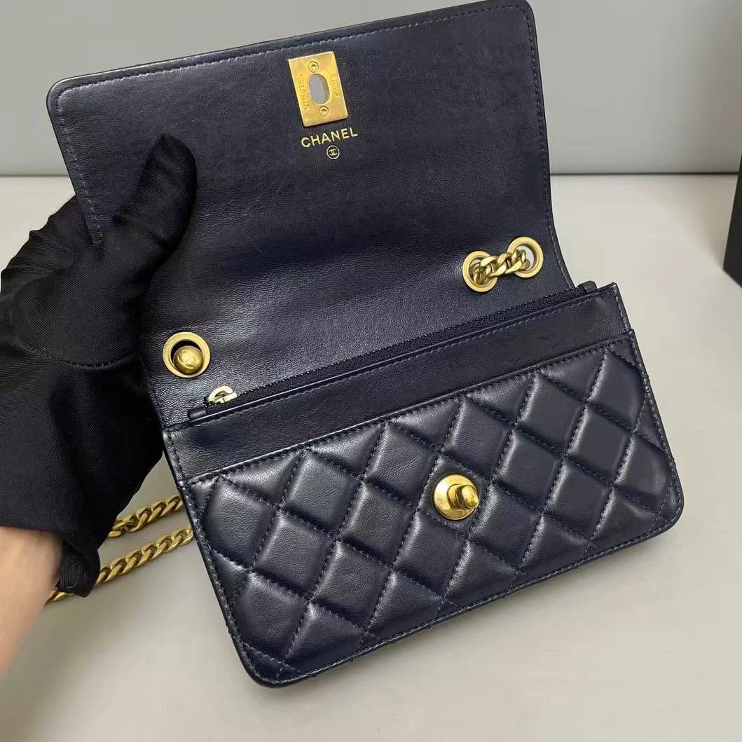 Chanel WOC Diamond Chain Shoulder Bag Crossbody Blue Gold Women Classic