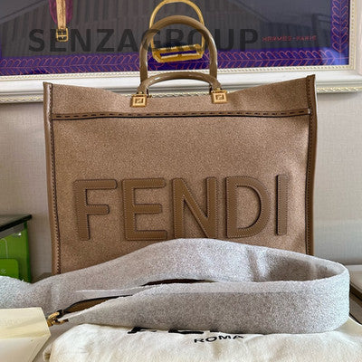 Fendi Brown Wool Large Tote Bag Classic Women's Handbag Shoulder Bag