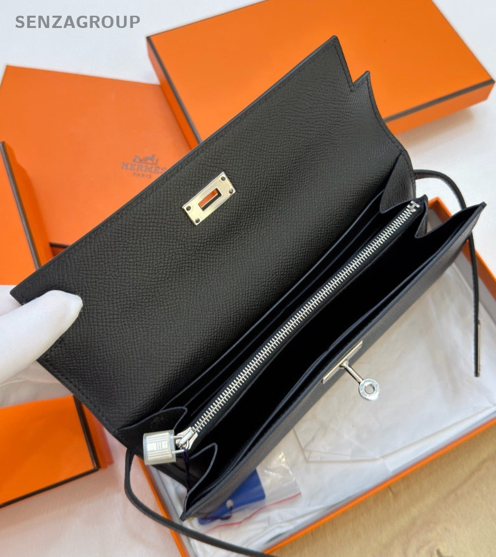 Hermes Kelly Wallet Clutch Black Silver Used Women Classic