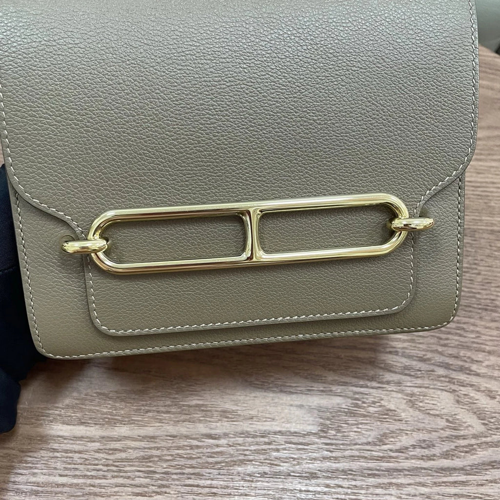 Hermes Roulis19 Evercolor Leather Shoulder Crossbody Gray Gold Women Classic