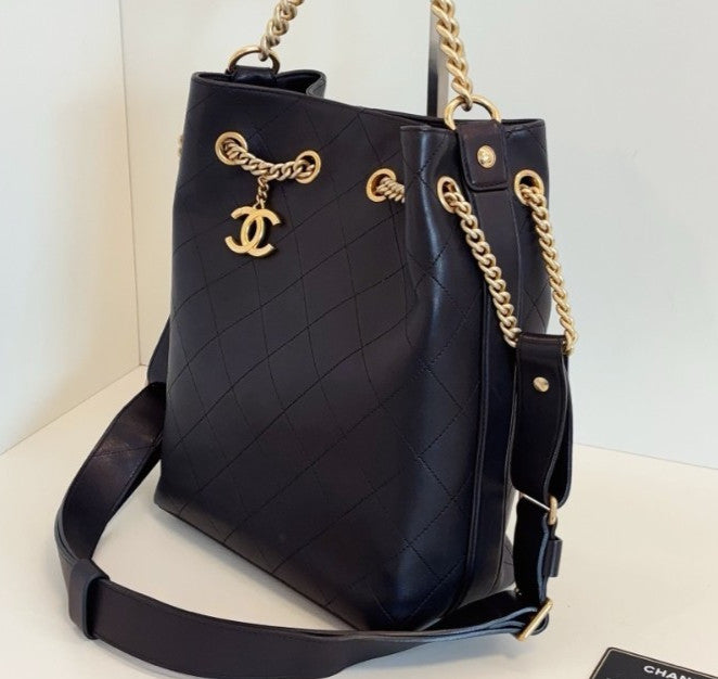 Chanel Calfskin Hobo Bag Chain Top Handle Shoulder Bag Black Gold Women Classic