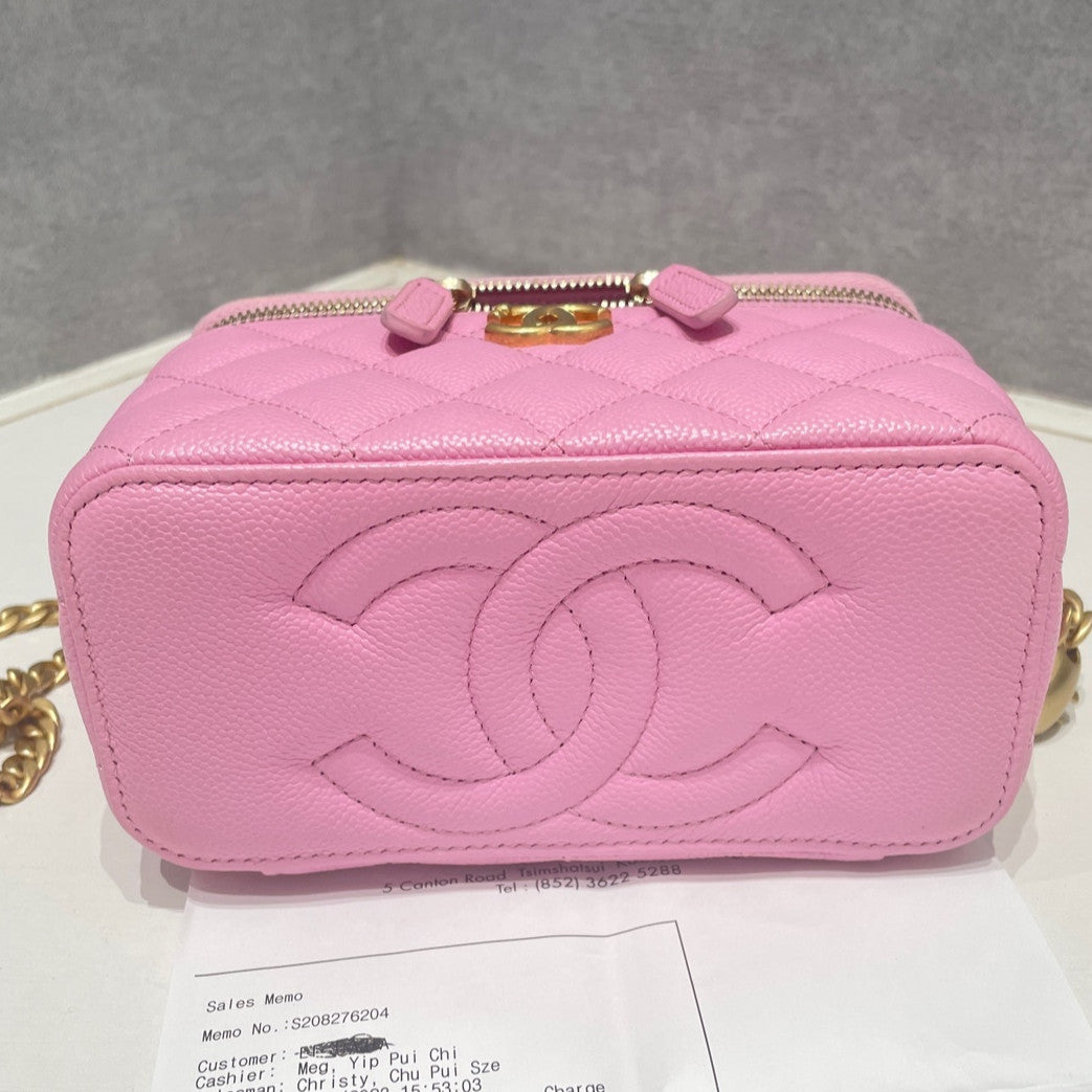 Chanel 23P Heart Chain Cosmetic Bag Box Shoulder Crossbody Pink Gold