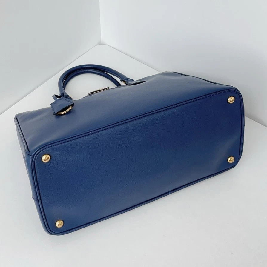 Authentic Prada Galleria Calfskin GM Blue Tote Handbag Gold Hardware