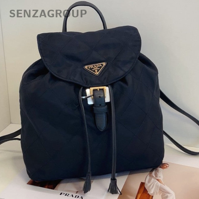 Prada Canvas Leather Drawstring Backpack Black Gold Women Classic Designer