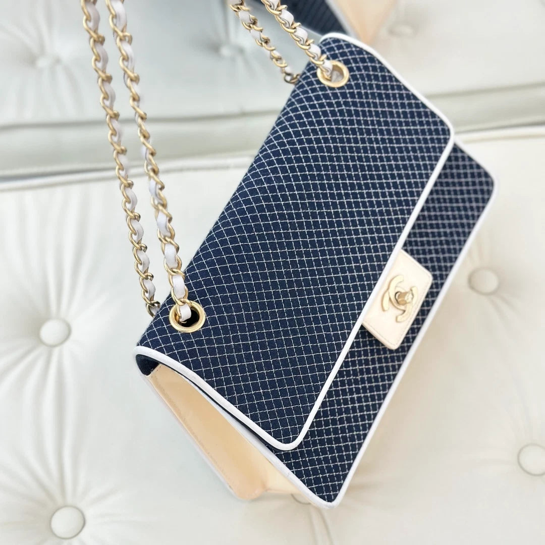 Chanel Classic Flap Grid Canvas Chain Shoulder Crossbody Blue White Gold Women