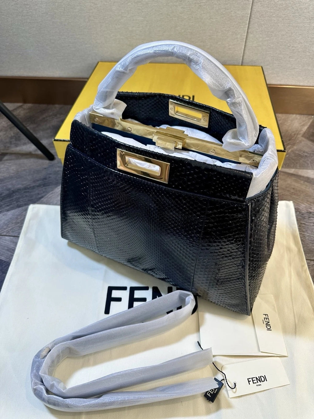 Fendi Peekaboo Medium Navy Snakeskin Shoulder Crossbody Women