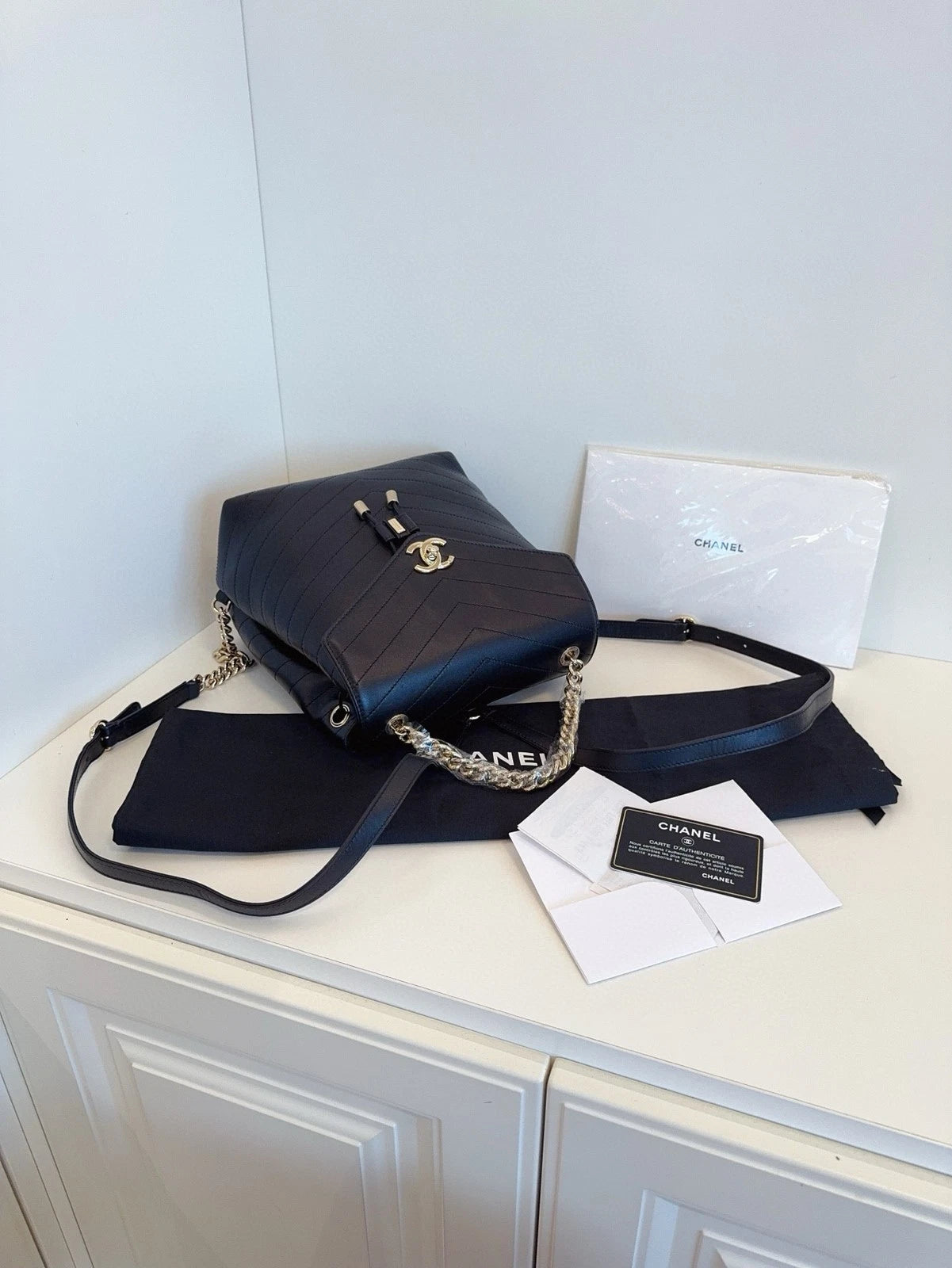 CHANEL Black Gold Calfskin V Pattern Backpack For Women
