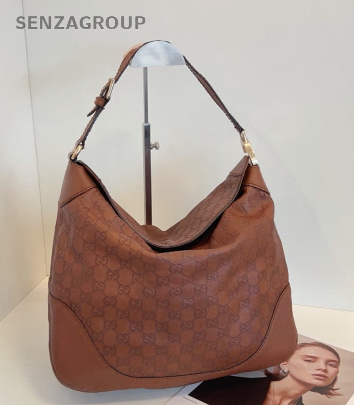 Gucci Hobo Calfskin Shoulder Bag Brown Gold Used Women Classic Designer