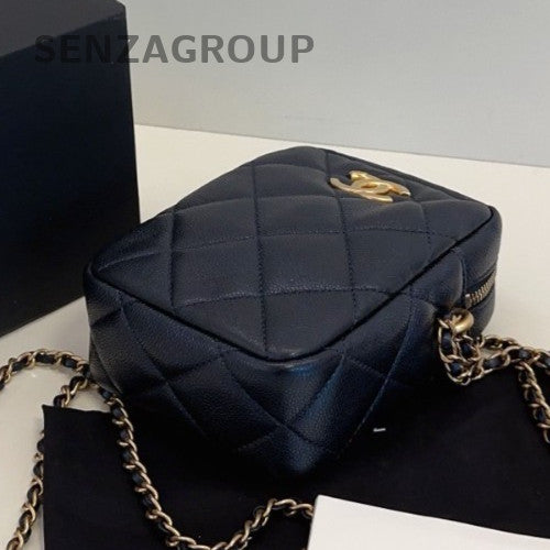 Chanel Diamond Calfskin Chain Crossbody Shoulder Bag Black Gold Women Classic