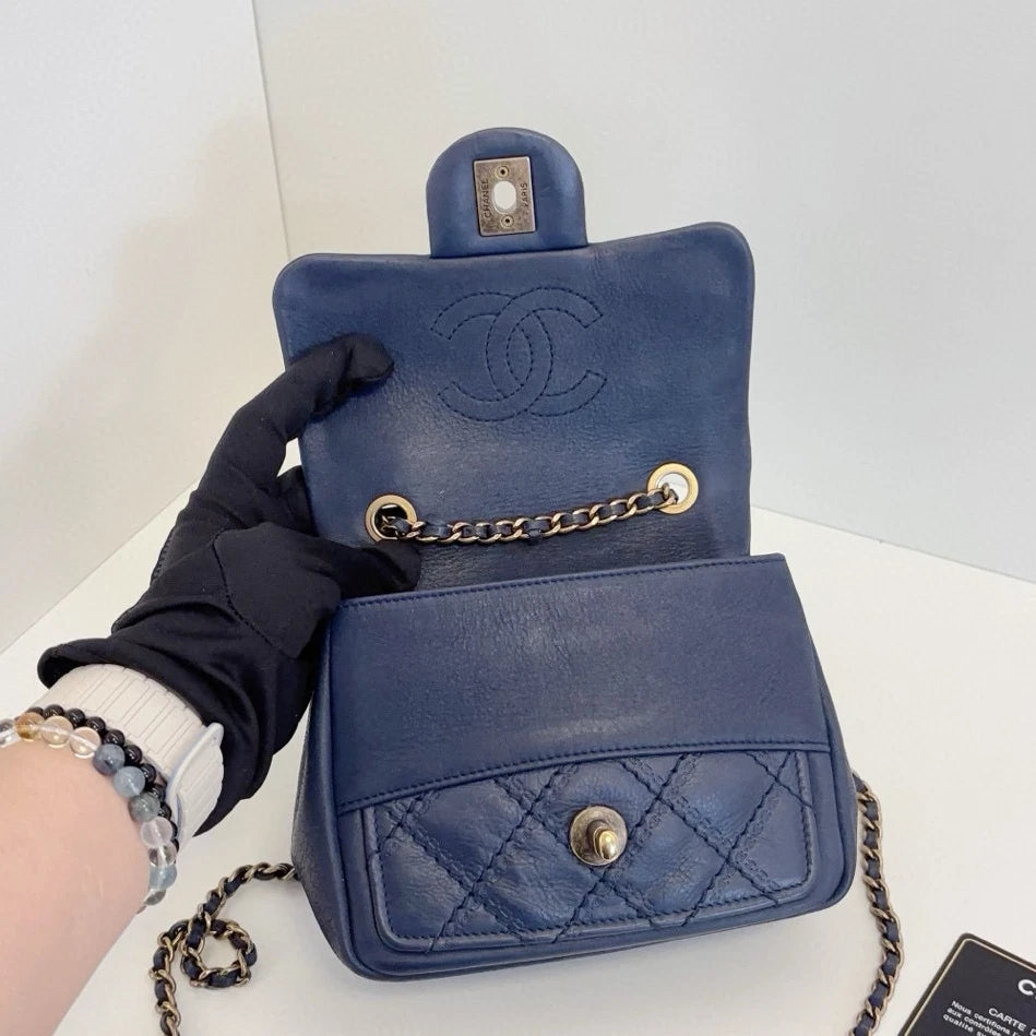 Chanel Classic Flap Chain Shoulder Bag Crossbody Blue Gold Women Diamond