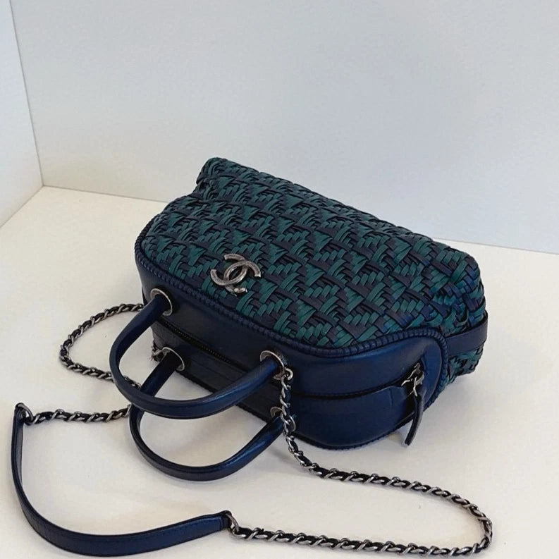 Chanel Bolide PM Calfskin Top Handle Crossbody Green Navy Silver Women Classic