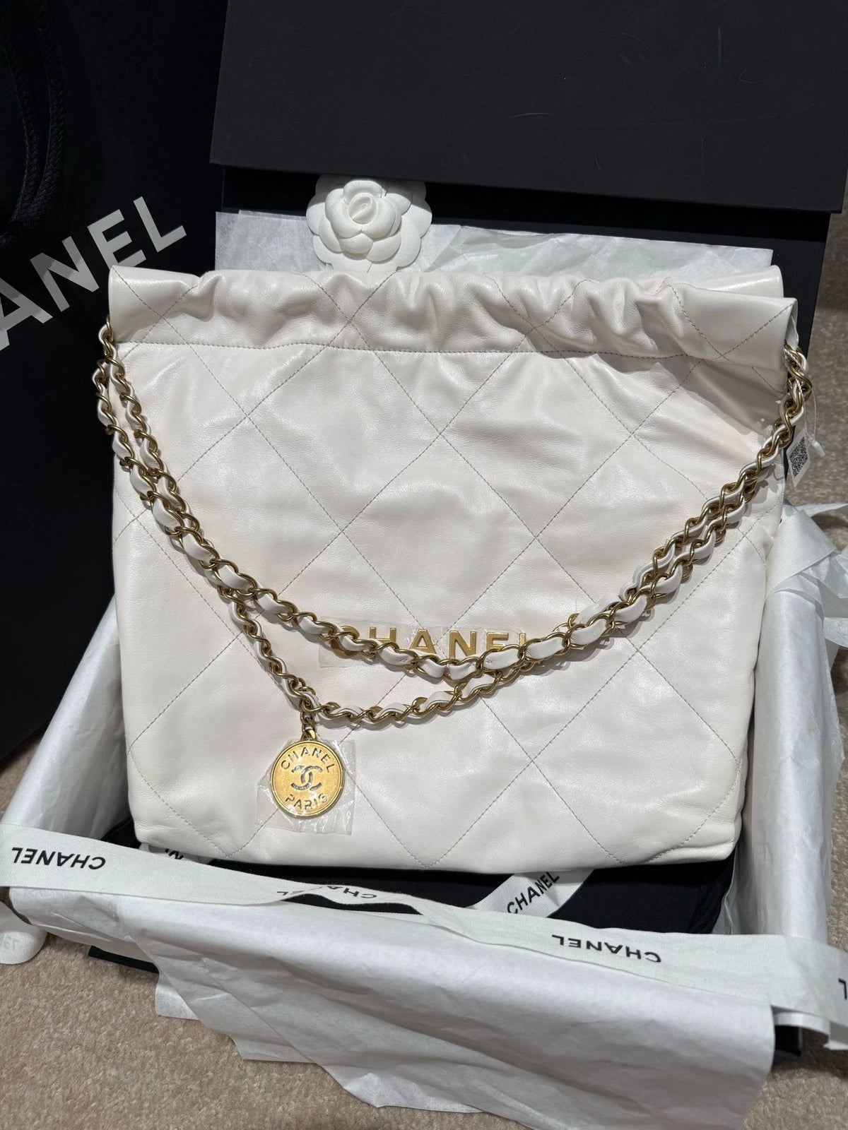 New Full Seal CHANEL Calfskin 22 Small 22Bag White Gold Tote Bag For Women