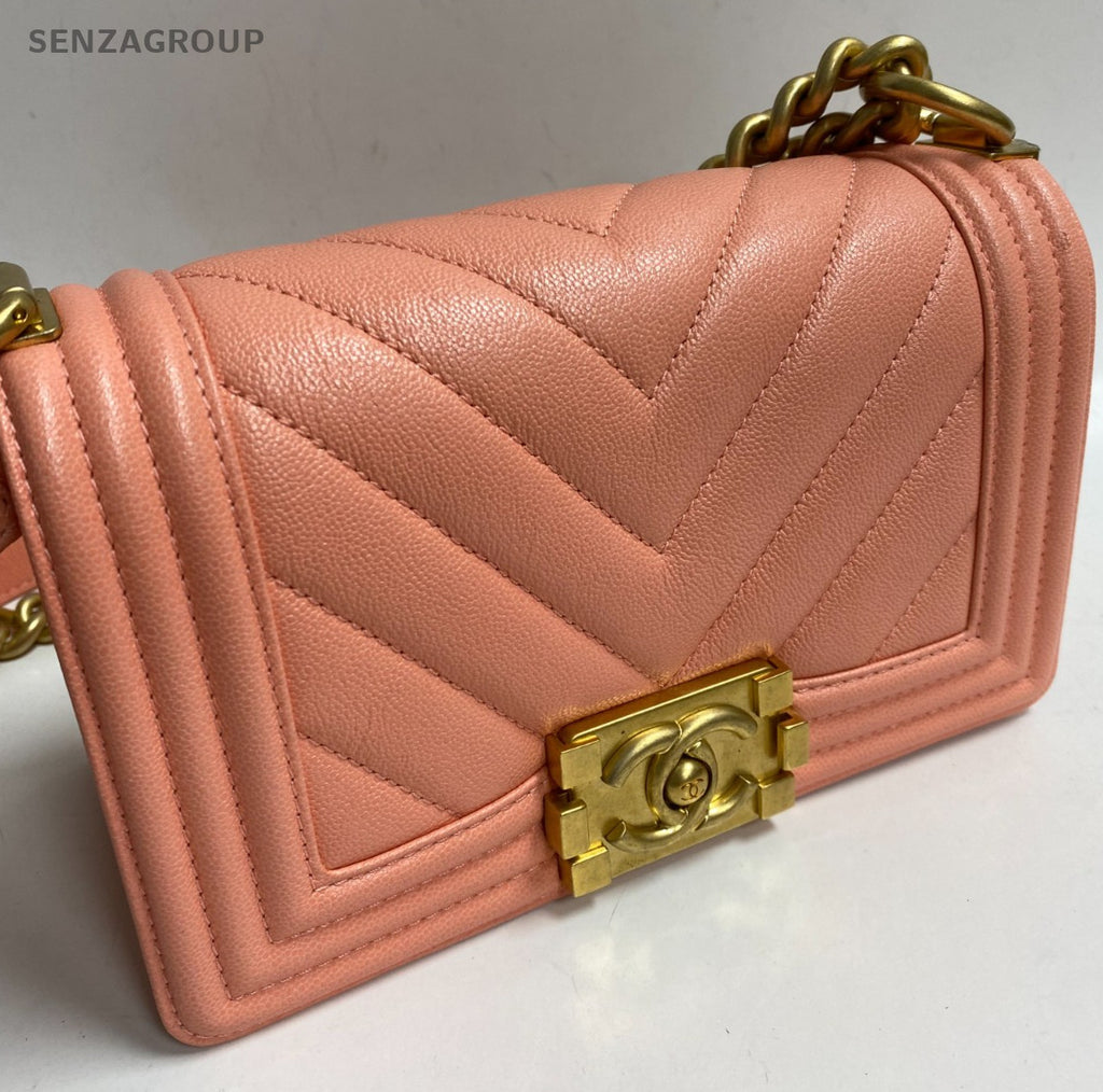 Chanel Leboy PM Chain Shoulder Bag Pink Gold Chevron Women Classic Fashion