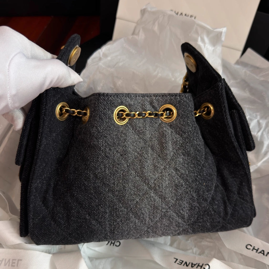 New Chanel 25Bag Mini Black Denim Gold Chain Shoulder Bag Diamond with Dust Bag