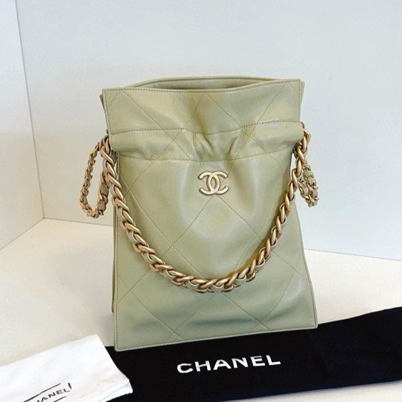 Chanel Tote PM Chain Top Handle Bag Green Gold Diamond Women Classic