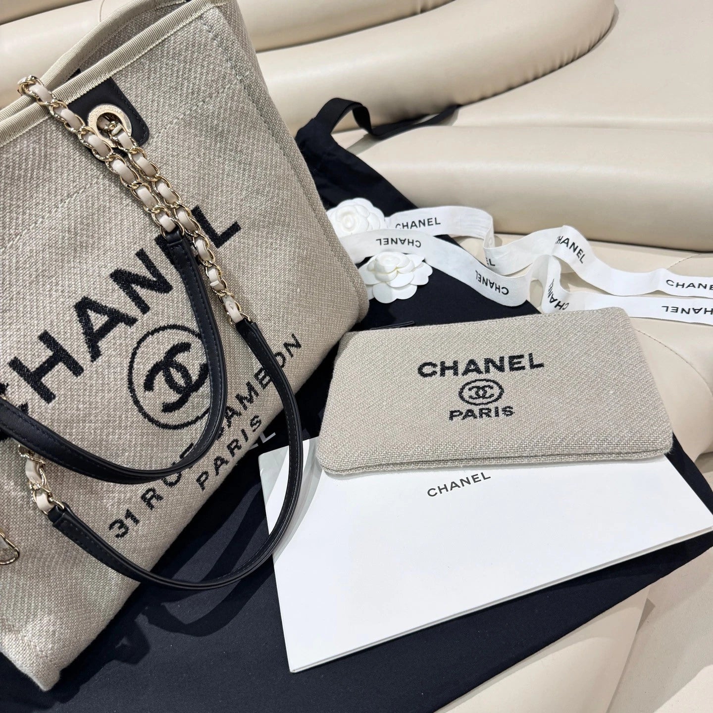 Chanel Deauville Tote Bag Large Canvas Shoulder Tote Women Classic