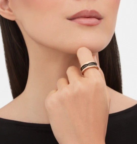Bvlgari B.zero1 18k Rose Pink Gold Black Ceramic 2 Band Ring Eu52/us6 Excellent