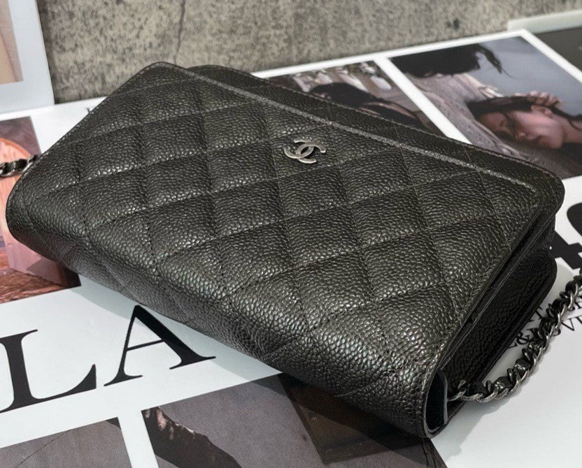 Chanel WOC Chain Crossbody Shoulder Bag Gray Silver Women Diamond Classic
