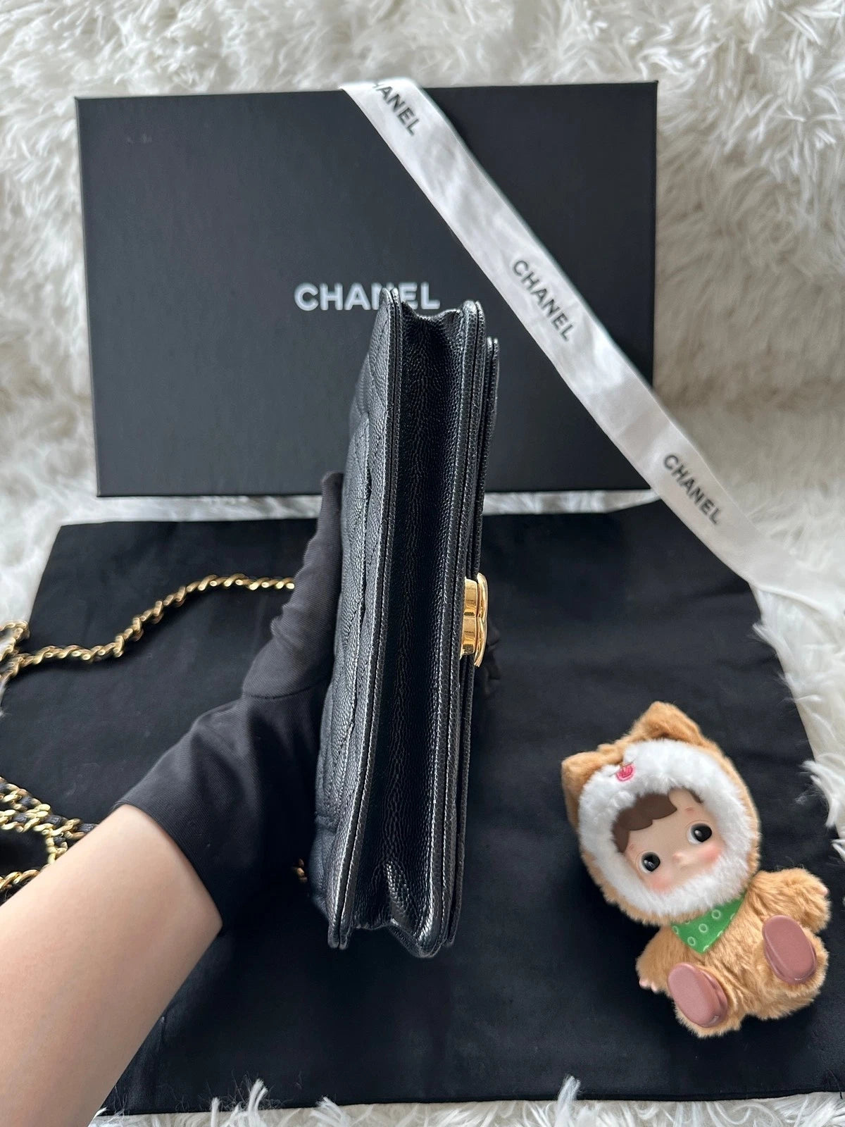 CHANEL Black Leather WOC Shoulder Handbag Crossbody For Women