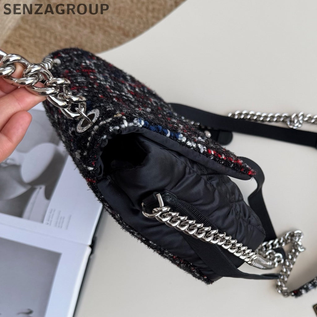 Chanel Nylon Chain Top Handle Shoulder Crossbody Black Silver Women Classic